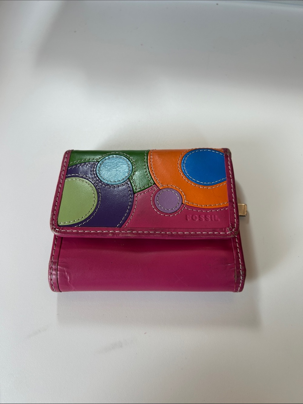 VTG Fossil Multicolor Leather Compact Wallet - Pink with Bright Circle Accents